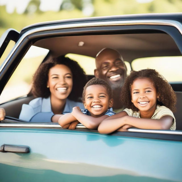 A cheerful image of a family inside a car, enjoying a road trip