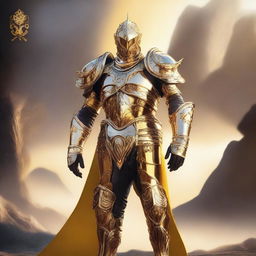 Solus stands tall and radiant, with skin that glows like sunlight, adorned in gleaming golden armor that exudes warmth and strength