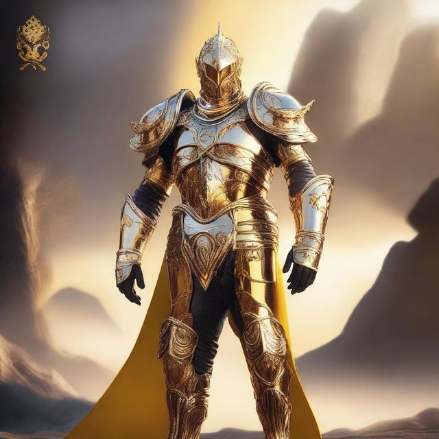 Solus stands tall and radiant, with skin that glows like sunlight, adorned in gleaming golden armor that exudes warmth and strength