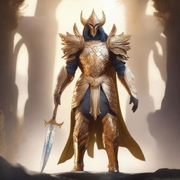 Solus stands tall and radiant, with skin that glows like sunlight, adorned in gleaming golden armor that exudes warmth and strength