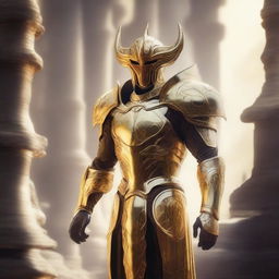 Solus stands tall and radiant, with skin that glows like sunlight, adorned in gleaming golden armor that exudes warmth and strength