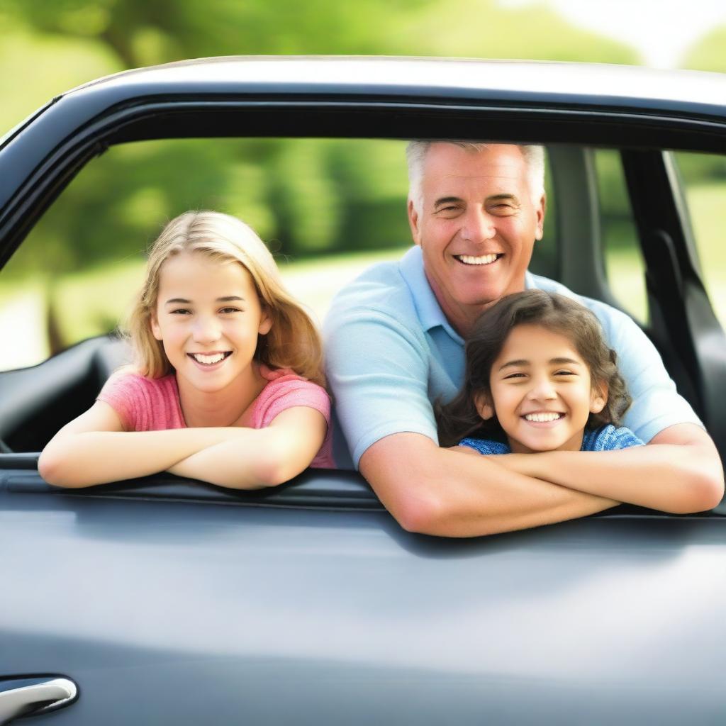 A cheerful and lively image of a family in a car