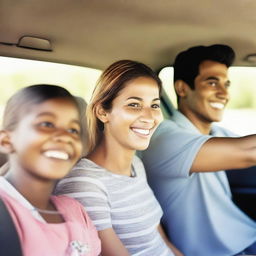 A cheerful and lively image of a family in a car