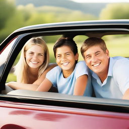 A cheerful and lively image of a family in a car