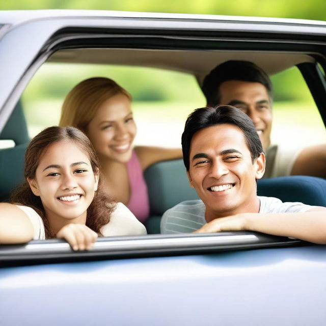 A cheerful and lively image of a family in a car