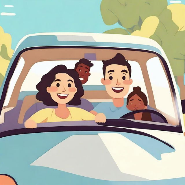 A cheerful image of a family in a car on their way to the airport