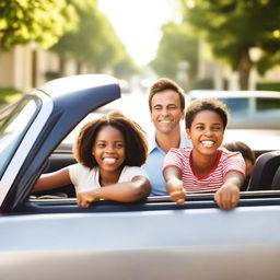 A cheerful image of a family in a car on their way to the airport