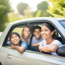 A cheerful image of a family in a car on their way to the airport