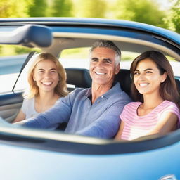 A cheerful image of a family in a car on their way to the airport