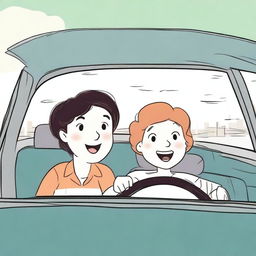 A family scene where a girl is driving a car with her father sitting next to her