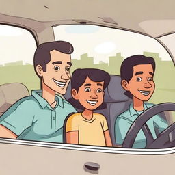 A family scene where a girl is driving a car with her father sitting next to her