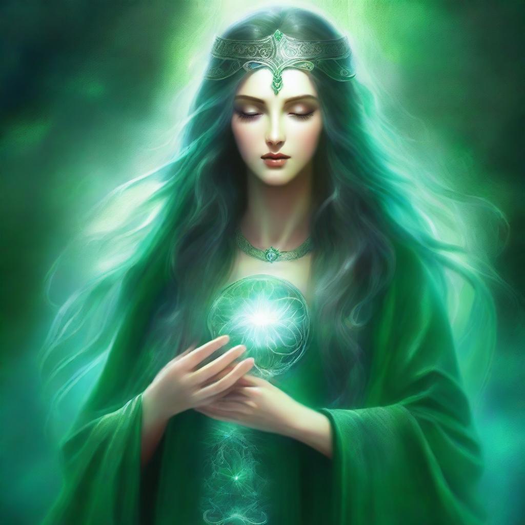 The god called Cyri embodies ethereal beauty, with long, shimmering hair that changes color like the seasons, and eyes that hold the secrets of ancient spells, clad in robes of emerald green