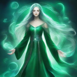 The god called Cyri embodies ethereal beauty, with long, shimmering hair that changes color like the seasons, and eyes that hold the secrets of ancient spells, clad in robes of emerald green