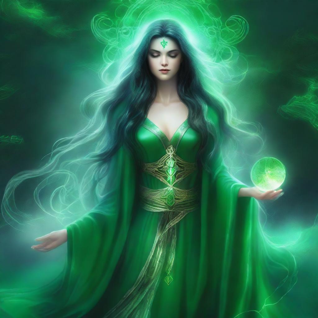 The god called Cyri embodies ethereal beauty, with long, shimmering hair that changes color like the seasons, and eyes that hold the secrets of ancient spells, clad in robes of emerald green