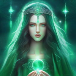 The god called Cyri embodies ethereal beauty, with long, shimmering hair that changes color like the seasons, and eyes that hold the secrets of ancient spells, clad in robes of emerald green