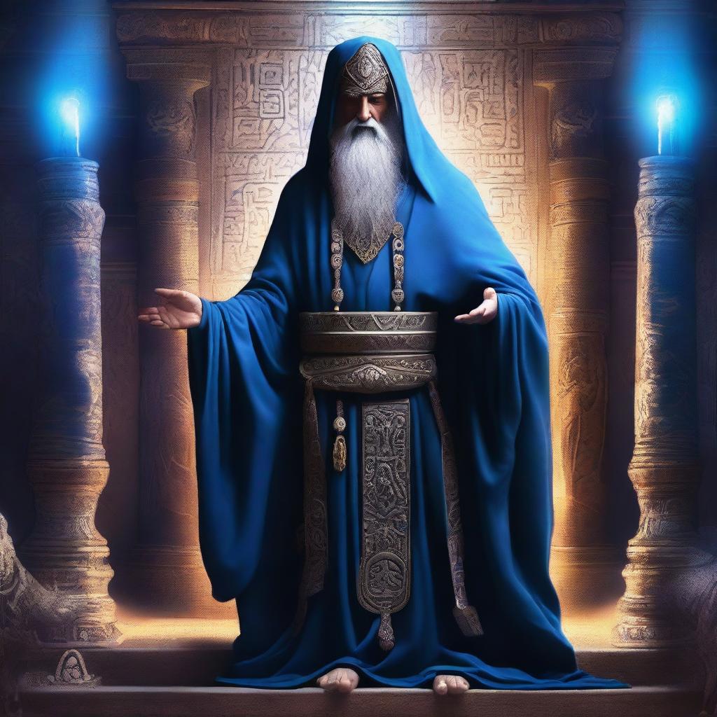 The god called Aysus appears as an elderly sage with wise, piercing eyes that seem to see through time itself, adorned in flowing robes of deep blue