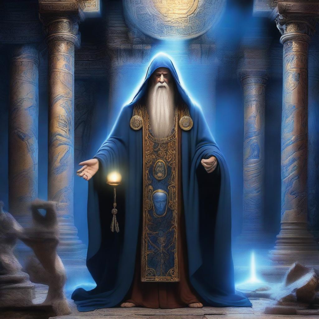 The god called Aysus appears as an elderly sage with wise, piercing eyes that seem to see through time itself, adorned in flowing robes of deep blue