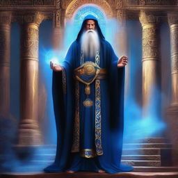 The god called Aysus appears as an elderly sage with wise, piercing eyes that seem to see through time itself, adorned in flowing robes of deep blue