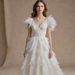 Create an elegant and ethereal dress that embodies the essence of angelic purity and grace, glowing with soft light and adorned with gossamer feathers.