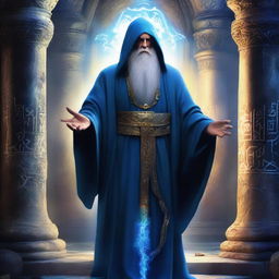 The god called Aysus appears as an elderly sage with wise, piercing eyes that seem to see through time itself, adorned in flowing robes of deep blue