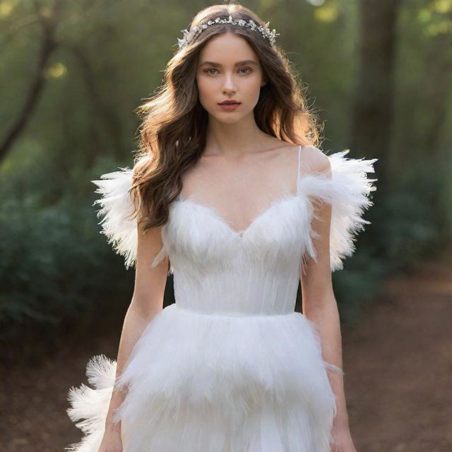 Create an elegant and ethereal dress that embodies the essence of angelic purity and grace, glowing with soft light and adorned with gossamer feathers.