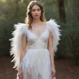 Create an elegant and ethereal dress that embodies the essence of angelic purity and grace, glowing with soft light and adorned with gossamer feathers.