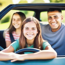 A cheerful family scene with a teenage girl driving a car