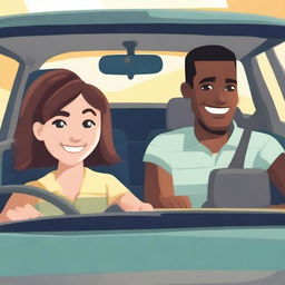 A cheerful family scene with a teenage girl driving a car