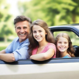 A cheerful family scene with a teenage girl driving a car