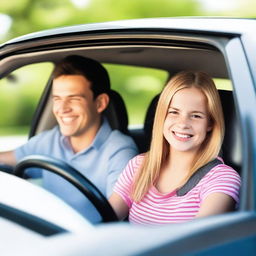 A cheerful family scene with a teenage girl driving a car