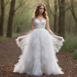 Create an elegant and ethereal dress that embodies the essence of angelic purity and grace, glowing with soft light and adorned with gossamer feathers.