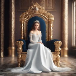 A beautiful girl with a regal appearance sitting on a majestic throne