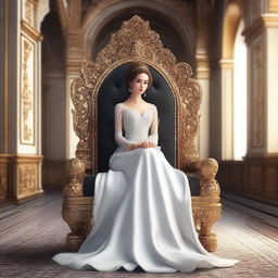 A beautiful girl with a regal appearance sitting on a majestic throne