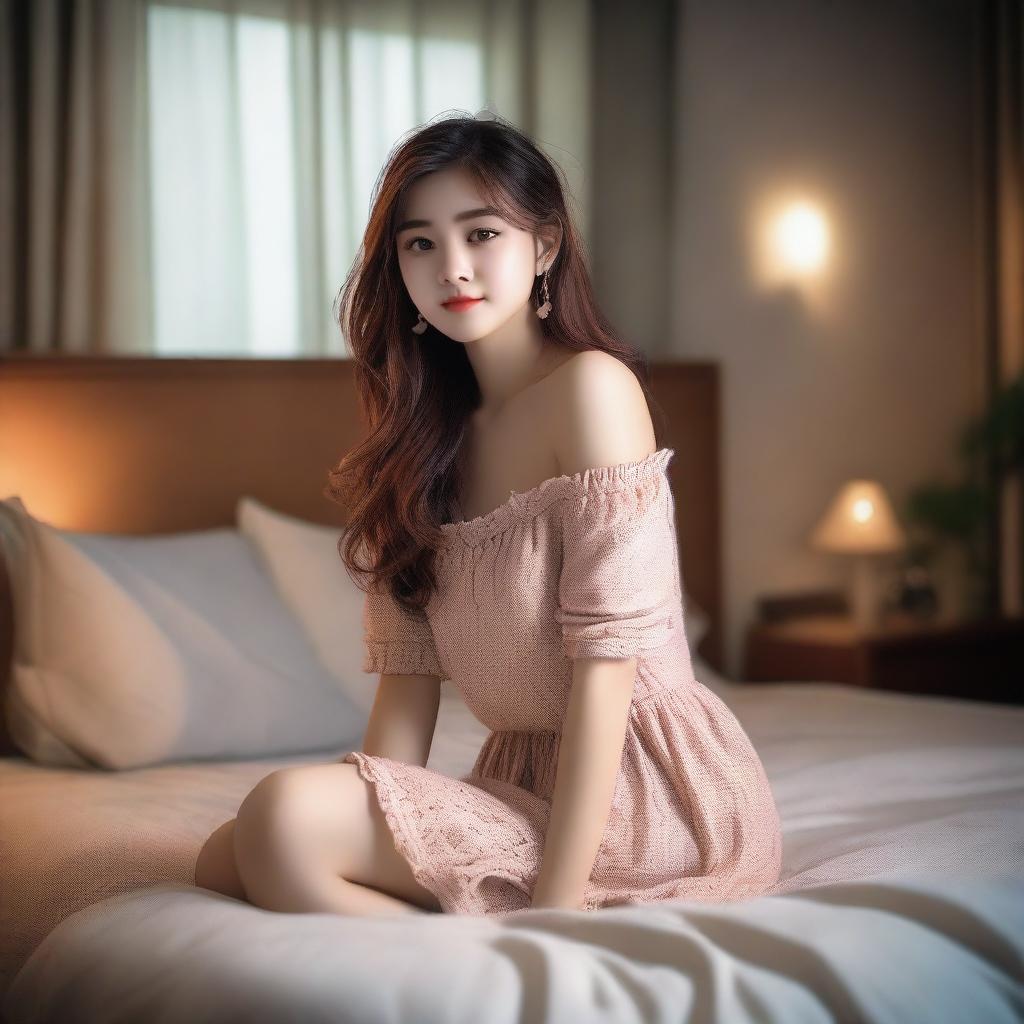 An attractive girl wearing a short dress, sitting on a bed