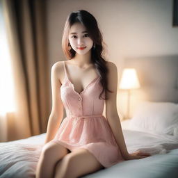 An attractive girl wearing a short dress, sitting on a bed