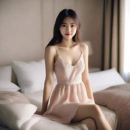 An attractive girl wearing a short dress, sitting on a bed