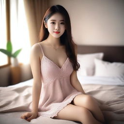 An attractive girl wearing a short dress, sitting on a bed