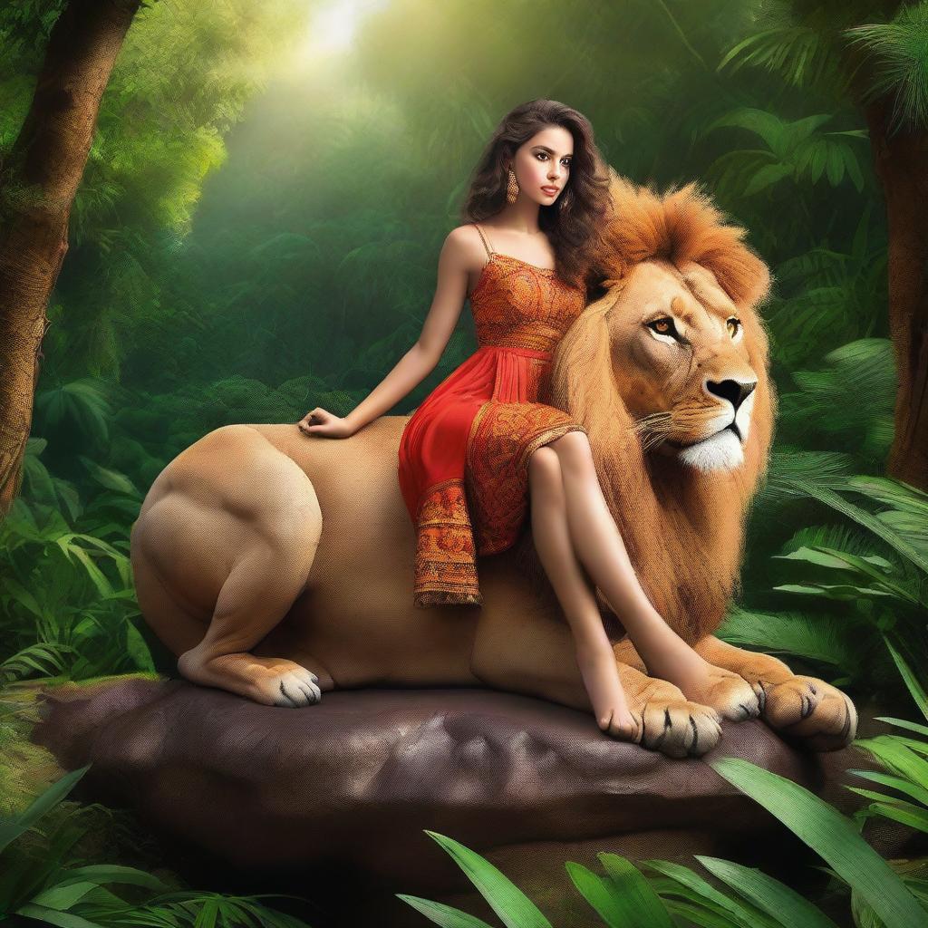 A beautiful young woman wearing a very short dress, sitting gracefully on a majestic lion