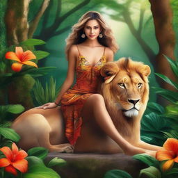 A beautiful young woman wearing a very short dress, sitting gracefully on a majestic lion