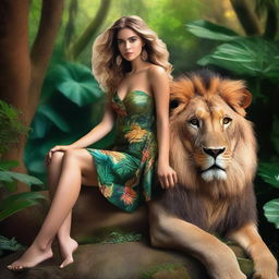 A beautiful young woman wearing a very short dress, sitting gracefully on a majestic lion