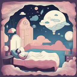 A man sleeping peacefully in his bed, with a thought bubble showing a mysterious dream filled with surreal landscapes and enigmatic symbols