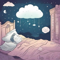 A man sleeping peacefully in his bed, with a thought bubble showing a mysterious dream filled with surreal landscapes and enigmatic symbols