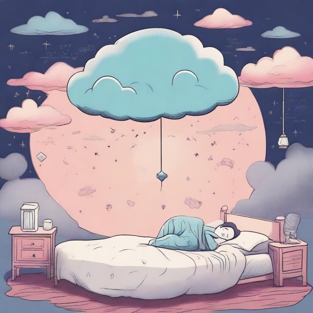 A man sleeping peacefully in his bed, with a thought bubble showing a mysterious dream filled with surreal landscapes and enigmatic symbols