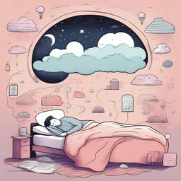 A man sleeping peacefully in his bed, with a thought bubble showing a mysterious dream filled with surreal landscapes and enigmatic symbols