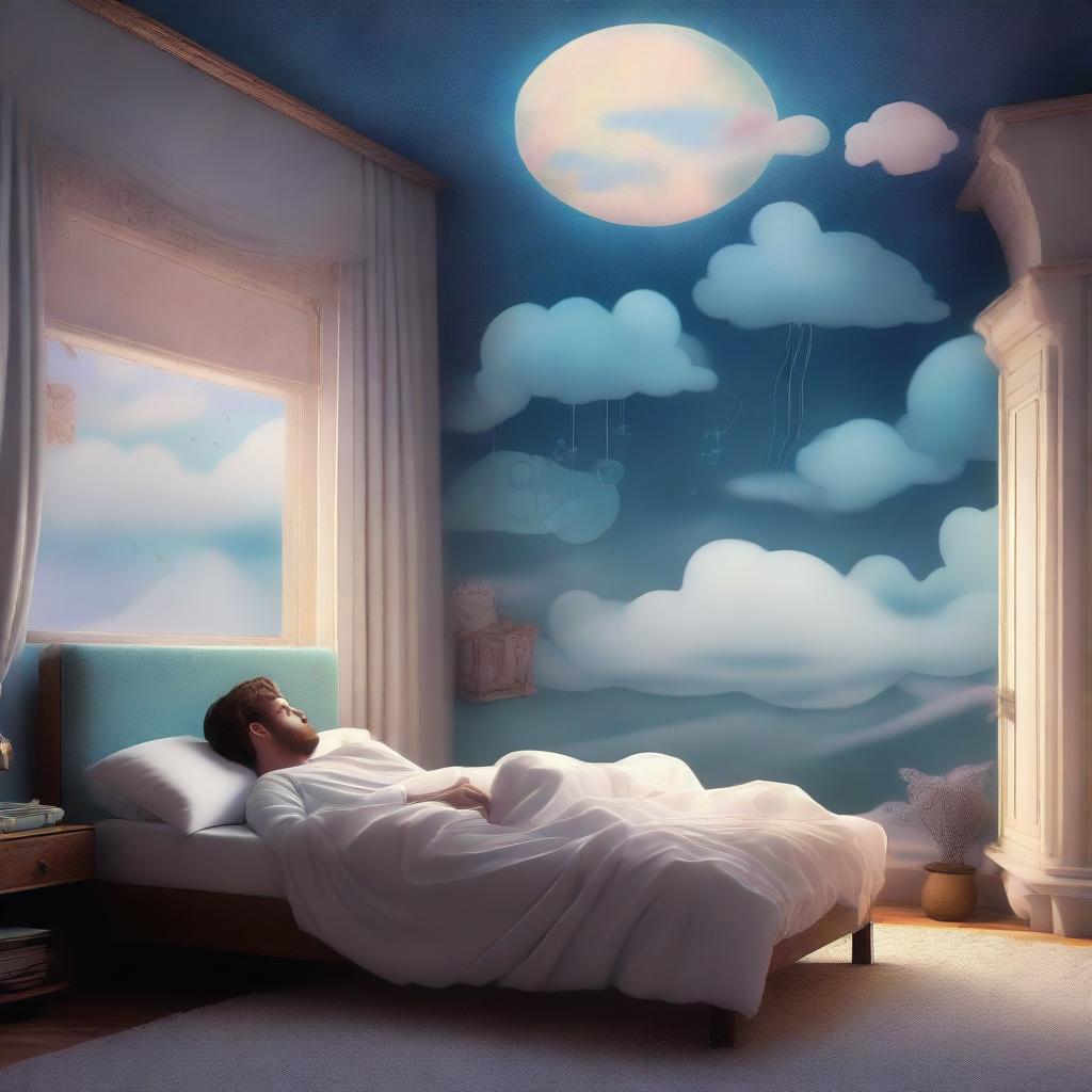 A man sleeping peacefully in his bed, with a thought bubble showing a mysterious dream filled with surreal landscapes and enigmatic symbols