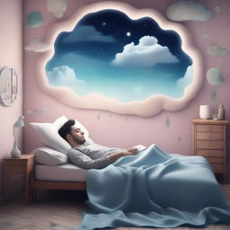 A man sleeping peacefully in his bed, with a thought bubble showing a mysterious dream filled with surreal landscapes and enigmatic symbols