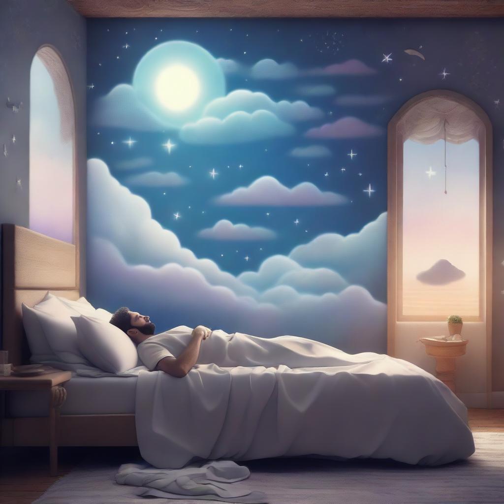 A man sleeping peacefully in his bed, with a thought bubble showing a mysterious dream filled with surreal landscapes and enigmatic symbols