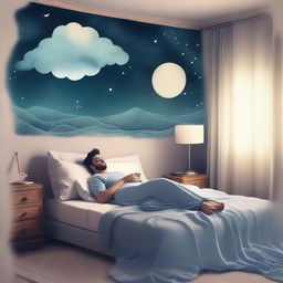 A man sleeping peacefully in his bed, with a thought bubble showing a mysterious dream filled with surreal landscapes and enigmatic symbols