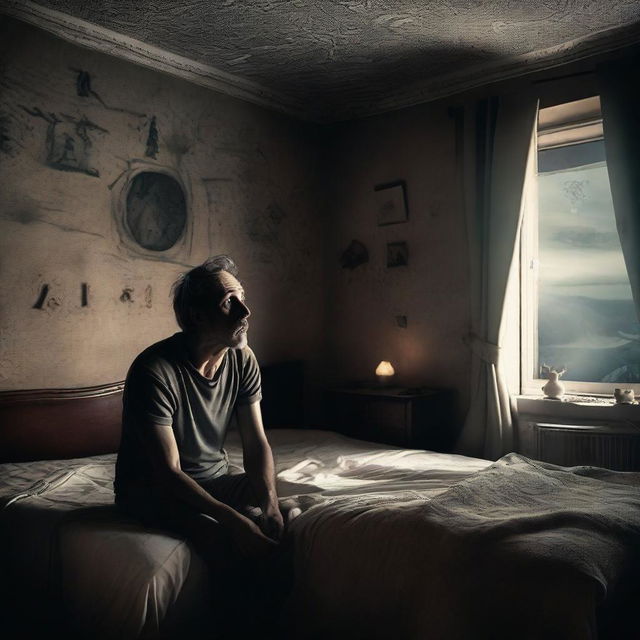 A man sitting on his bed in shock after waking up from a mysterious dream