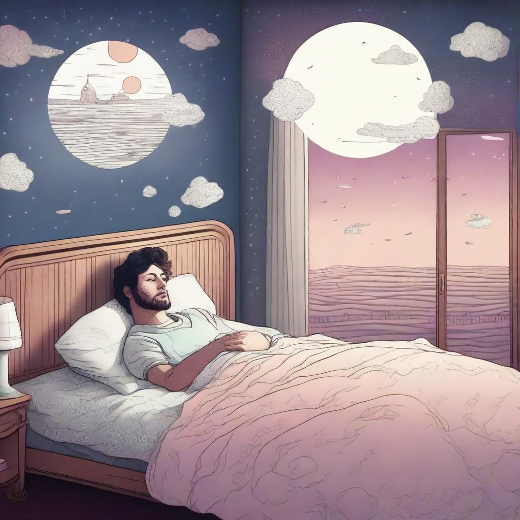 A 28-year-old man sleeping peacefully in his bed, with a thought bubble showing a mysterious dream filled with surreal landscapes and enigmatic symbols